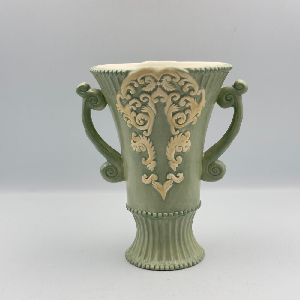 Burton & Burton Sage Green Ornate Ceramic Urn Vase Scroll Handles Cottagecore